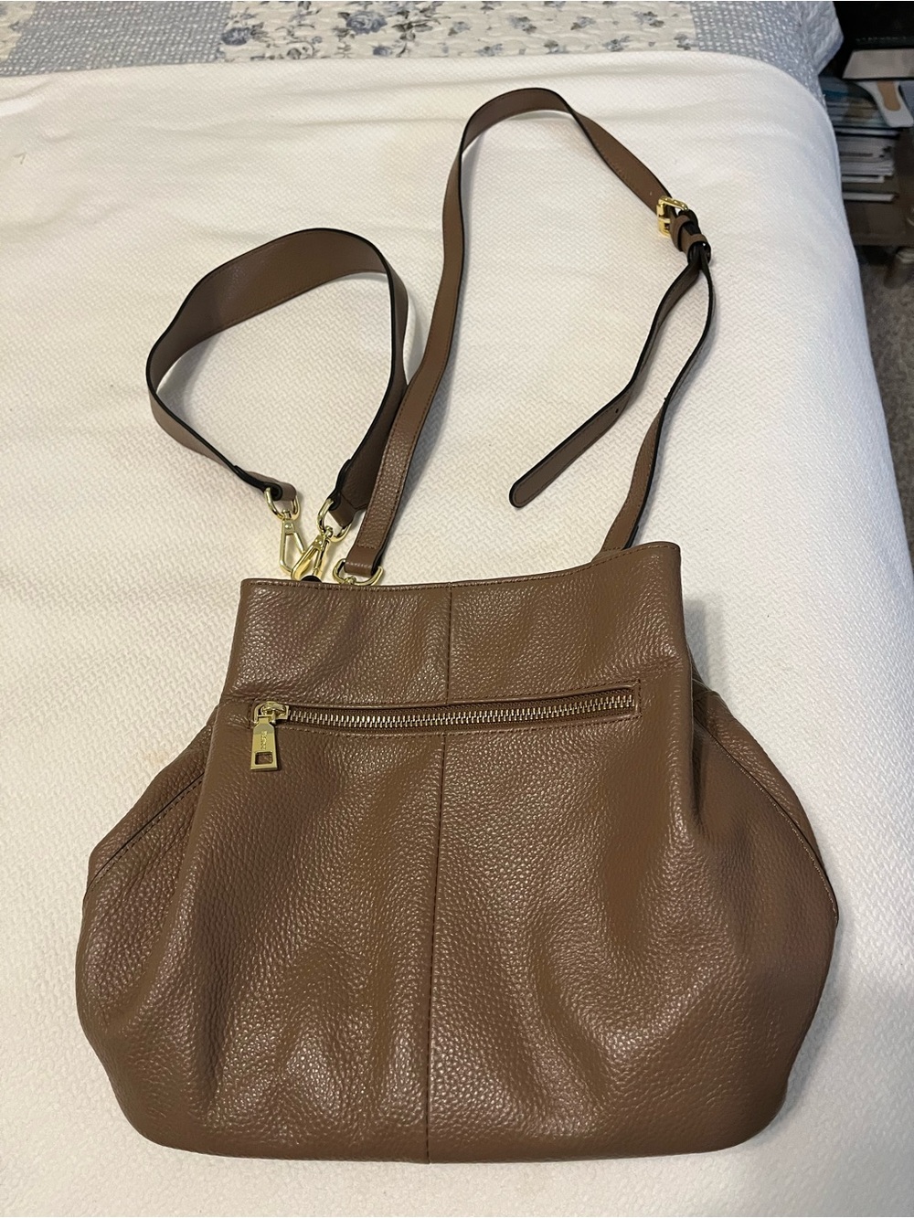 Everyday Brown Pebbled Leather Shoulder Bag with Gold Hardware